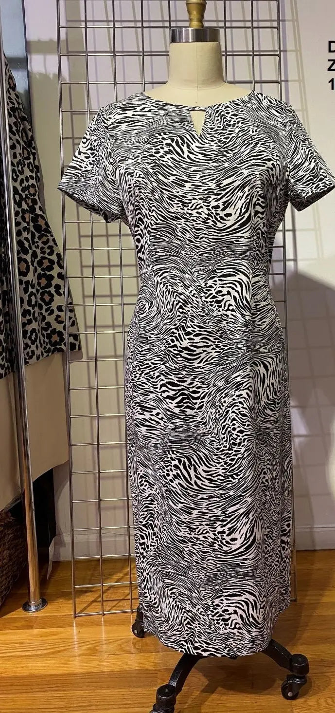 Plus Size Sheath Midi Length Zebra Print Dress - Black and White Fashioned For U