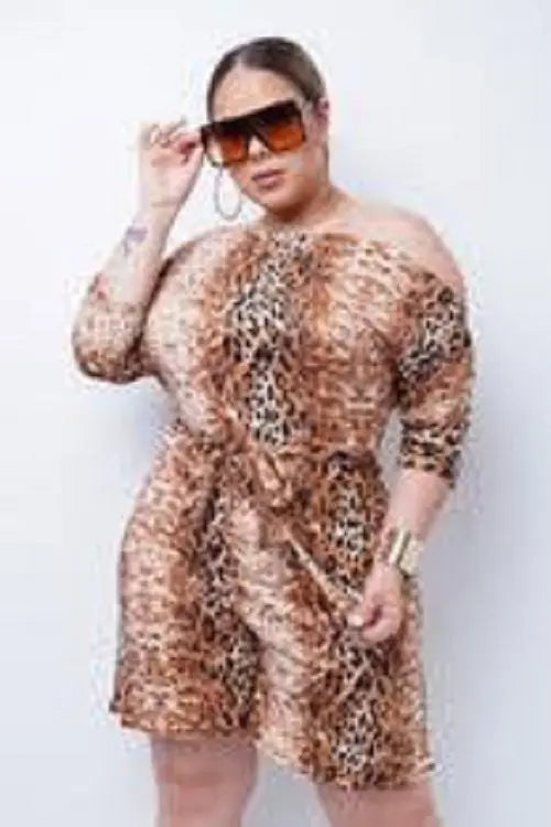 Size 2xl/18w Plus Size Trendy Romper , Classic Animal Print Pattern, Knee Length, Elbow-length Sleeves Fashioned For U