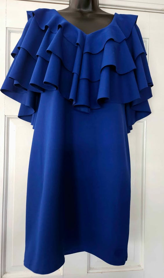 Royal Blue Tiered Ruffle Cape Dress