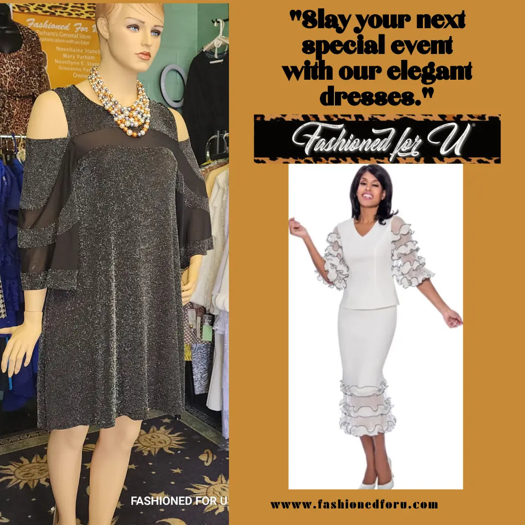 Plus Size Special Event , Cold shoulder Dress, Black and Silver Fashioned For U