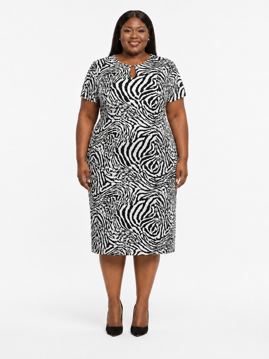 Plus Size Sheath Midi Length Zebra Print Dress - Black and White