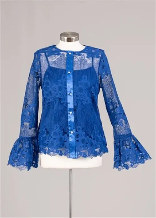Delicate Lace and Ruffle 2-Piece Royal Blue  Blouse Set for Plus and Missy Sizes Fashioned For U