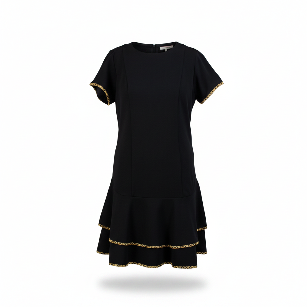 Black Gold Trim Tiered Dress - Natural Sleeves