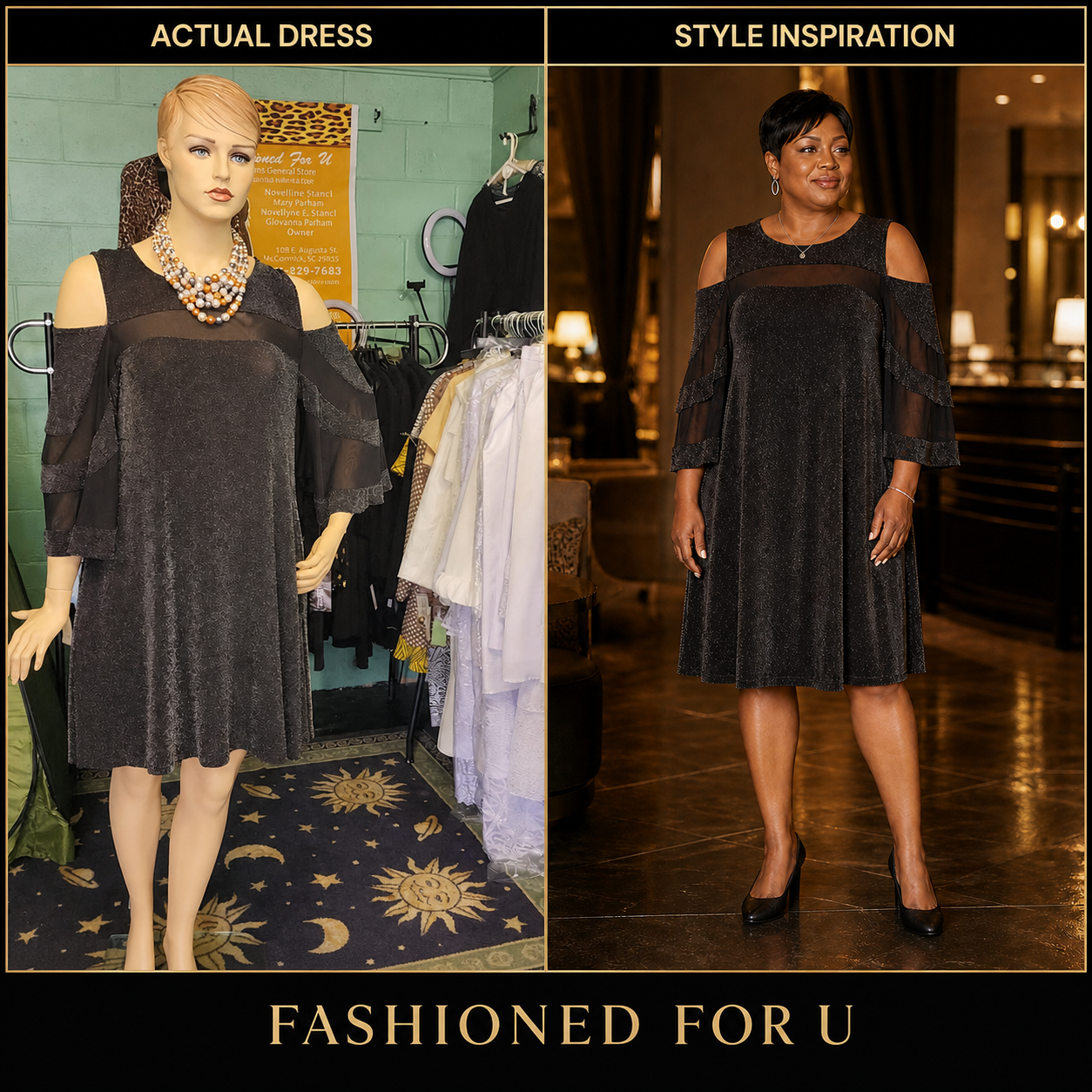 Black Shimmer Cold-Shoulder Occasion Dress – Size 1X