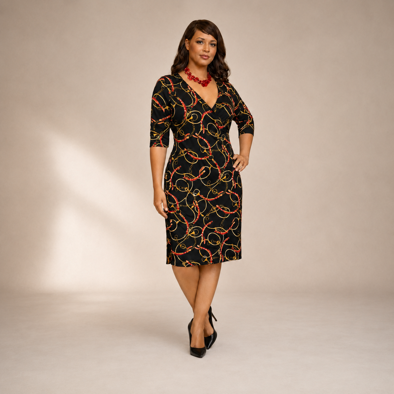Elegant Chain Print Midi Dress Plus Size Perfection