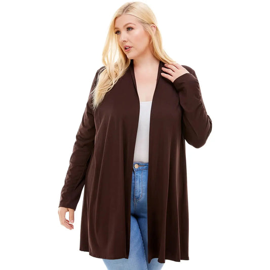 Plus Size Brown Swing Cardigan, long sleeve open-front draped! cardigan Fashioned For U