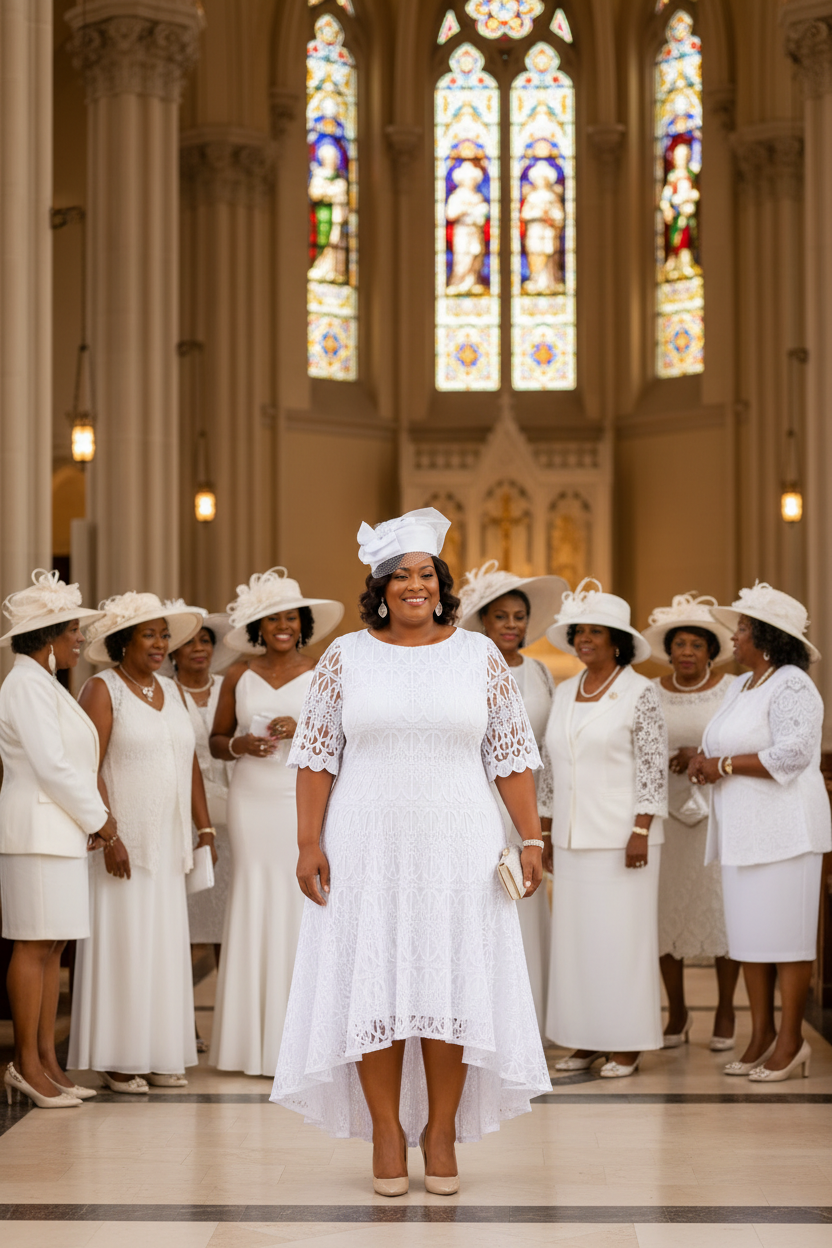Church White Sunday Scene - White Lace Dress