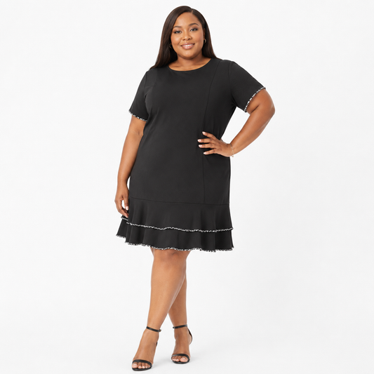 Premium Black Knee-Length Dress, Short Sleeves, With the classic Leopard Print Trim.