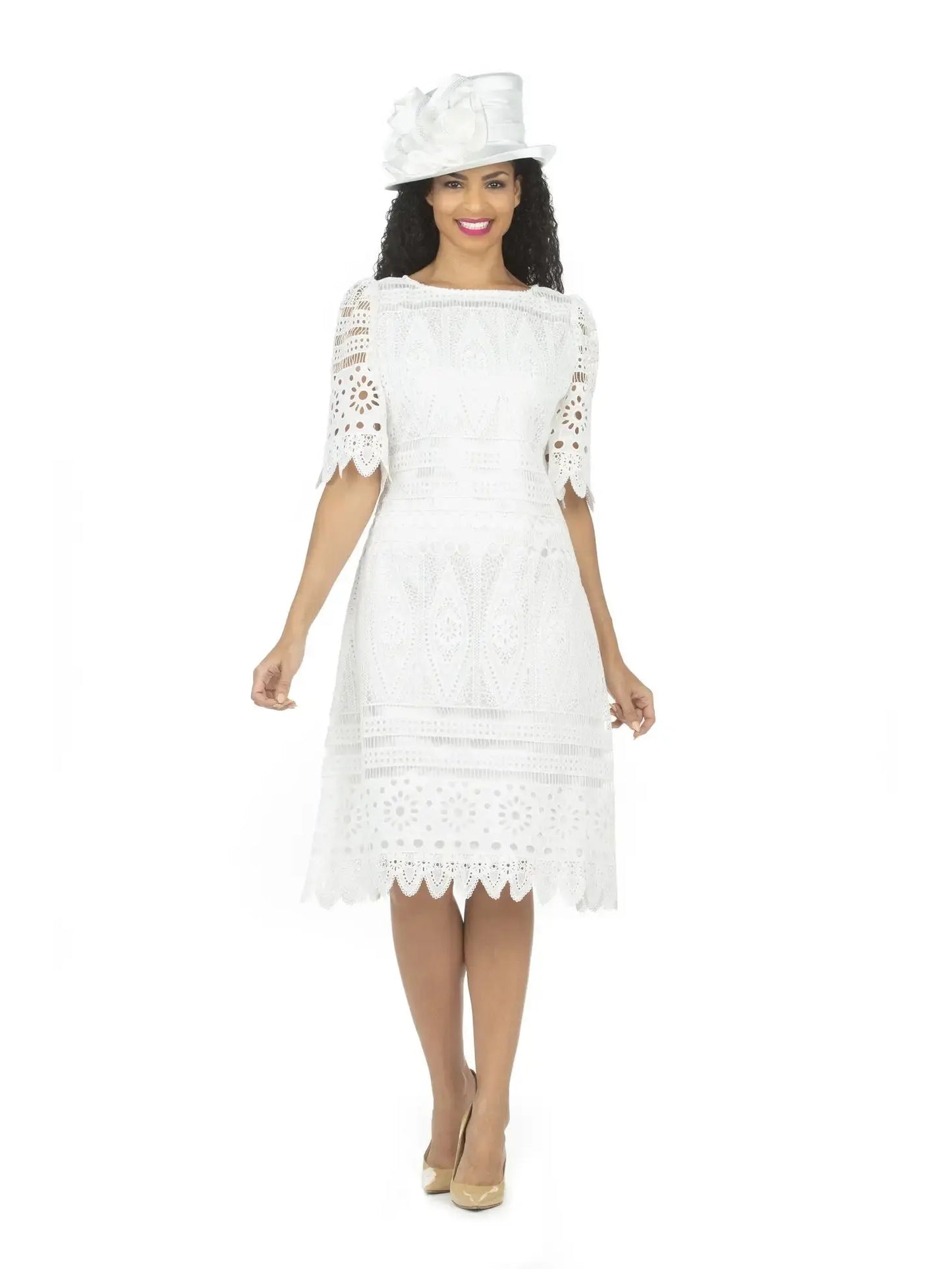 Luxurious Lace , Off-White ,Elbow Sleeve Shift Dress My Store