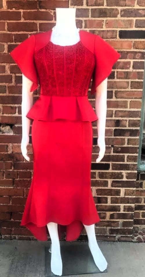 Elegant Red 2-Piece Scuba Fabric Set with Flutter Sleeves Fashioned For U