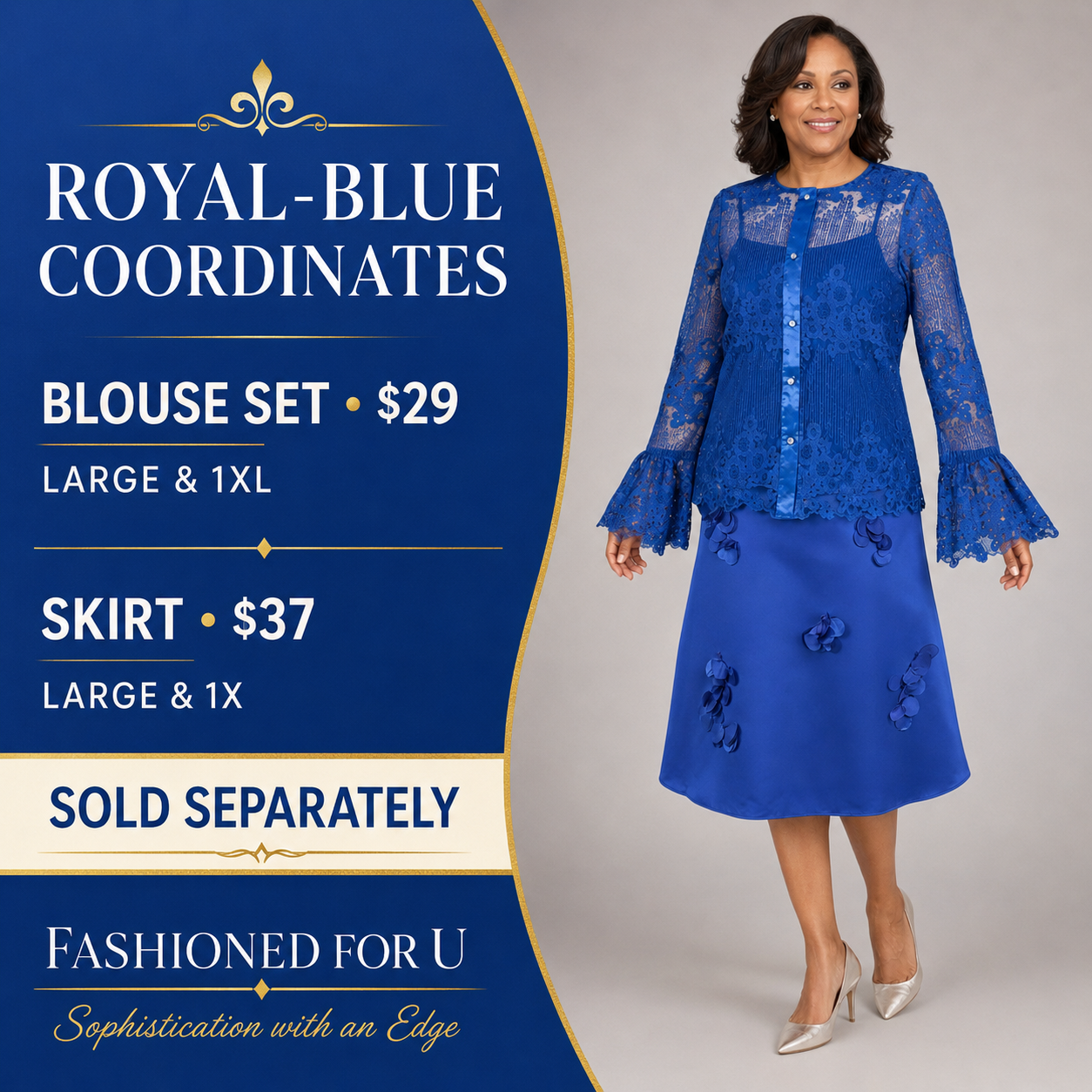 Delicate Lace and Ruffle 2-Piece Royal Blue  Blouse Set for Plus and Missy Sizes