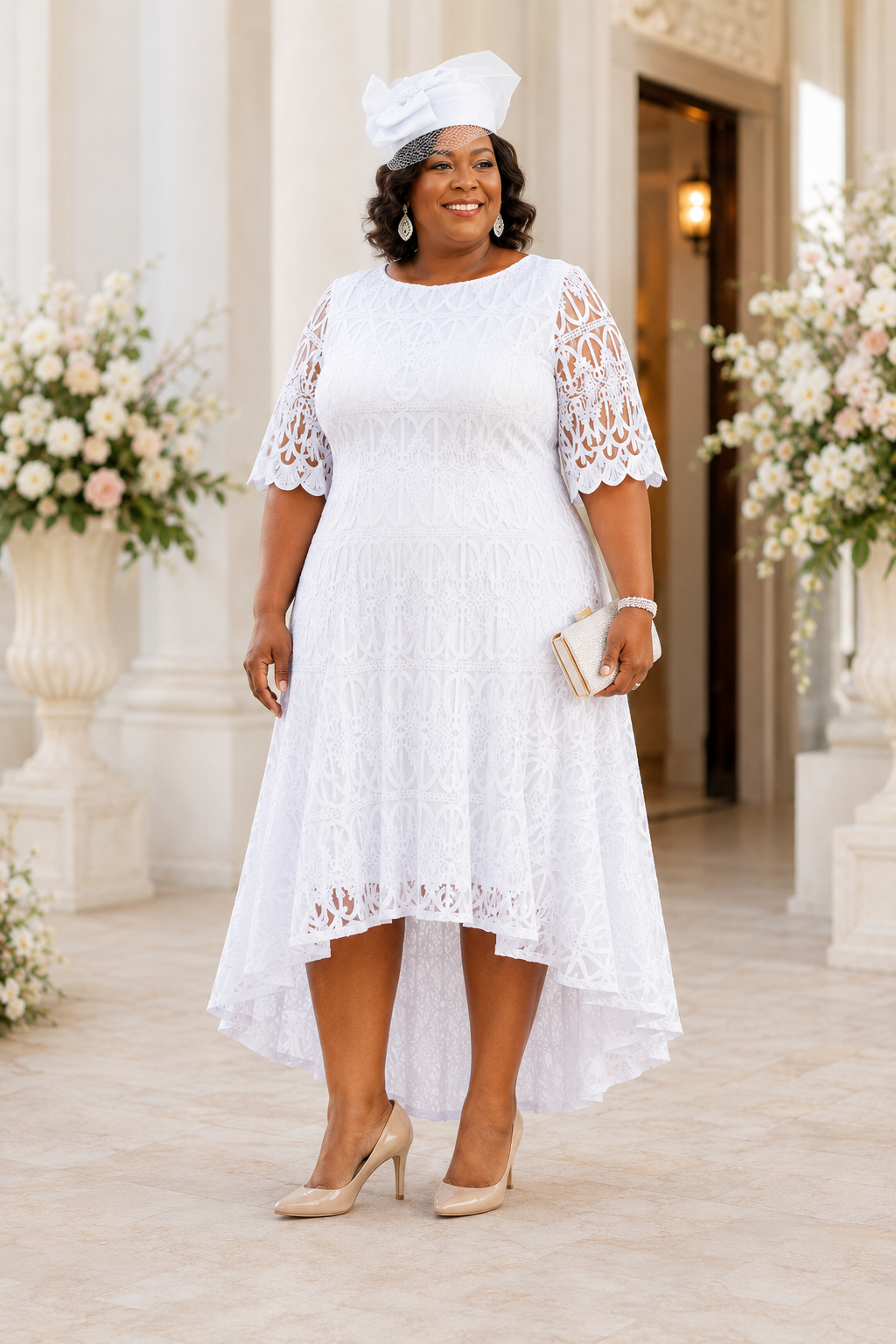 White  Sophisicated ,Elbow,Length bell Sleeve,Lace Hi-Lo Flare Dress - Plus Size,size 24