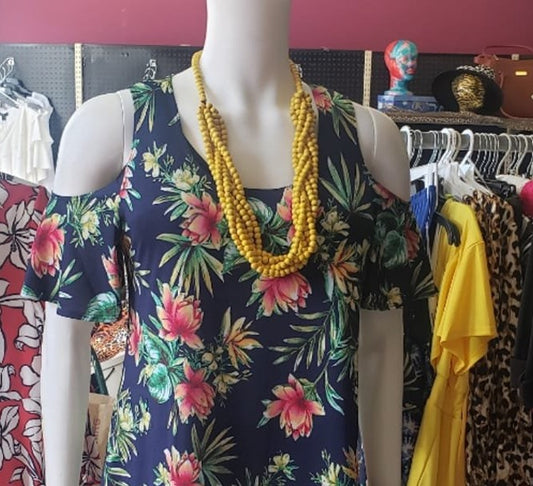 Navy floral cold-shoulder top, size Small