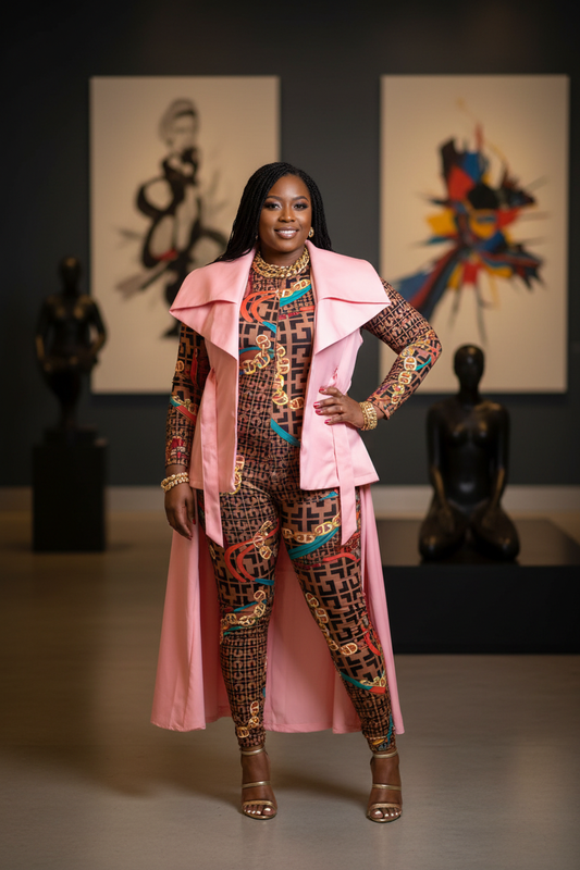 Printed Jumpsuit with Pink Duster - Lifestyle Photo