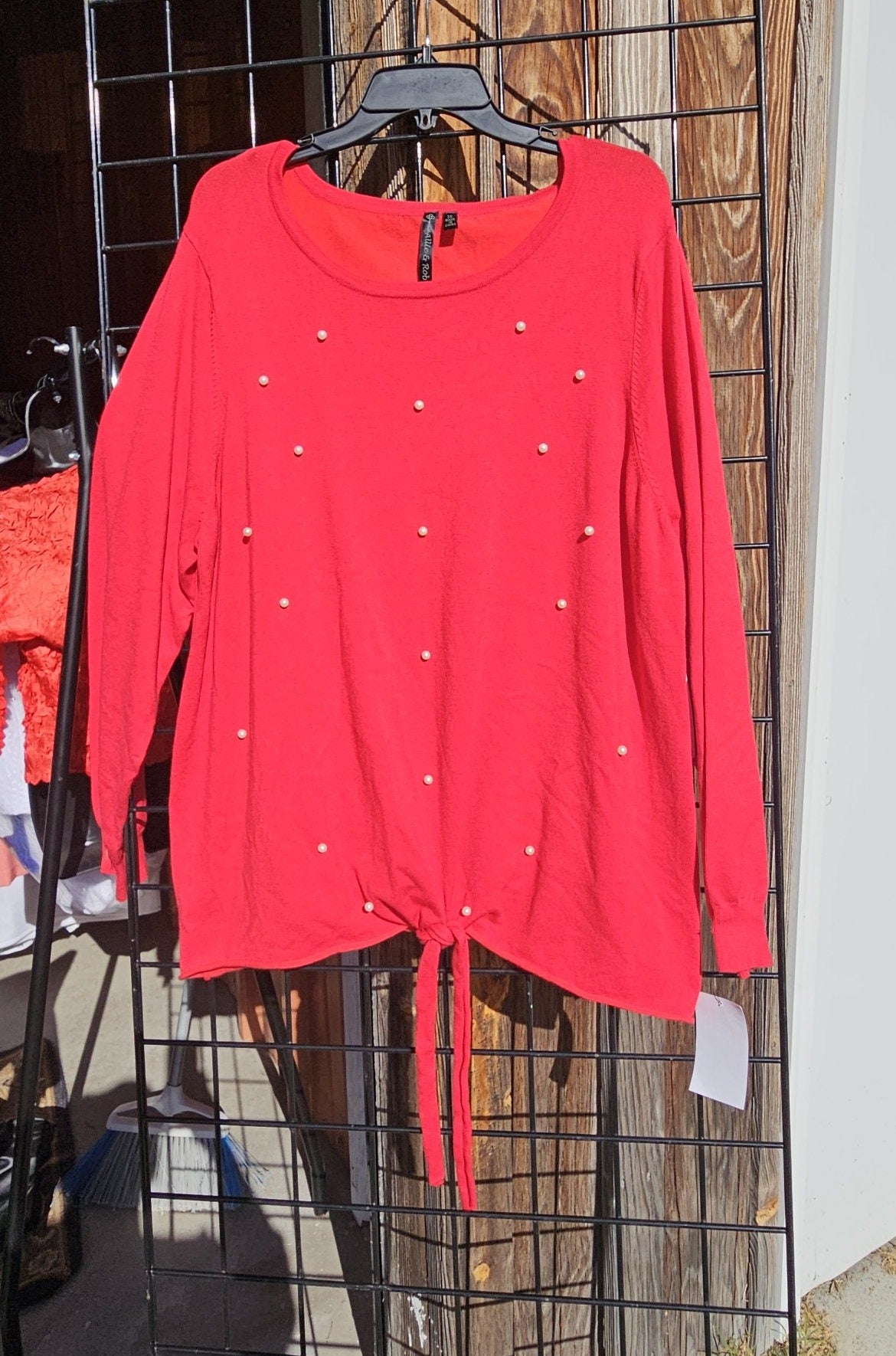 Red Pearl-Studded Tie-Front Sweater, size 3X