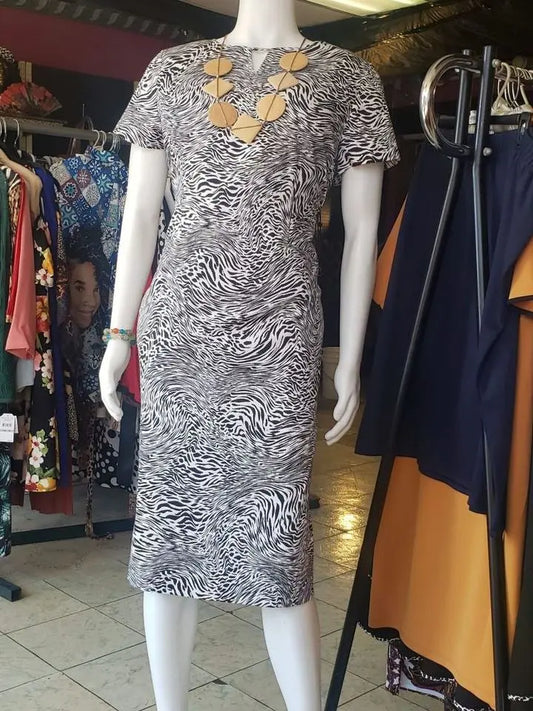 Plus Size Sheath Midi Length Zebra Print Dress - Black and White Fashioned For U